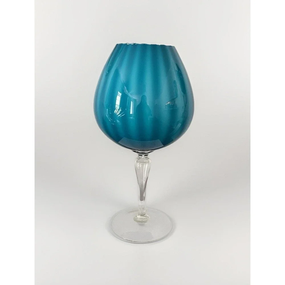 Empoli 1960s Glass Pedestal Vase Peacock Blue LARGE 16